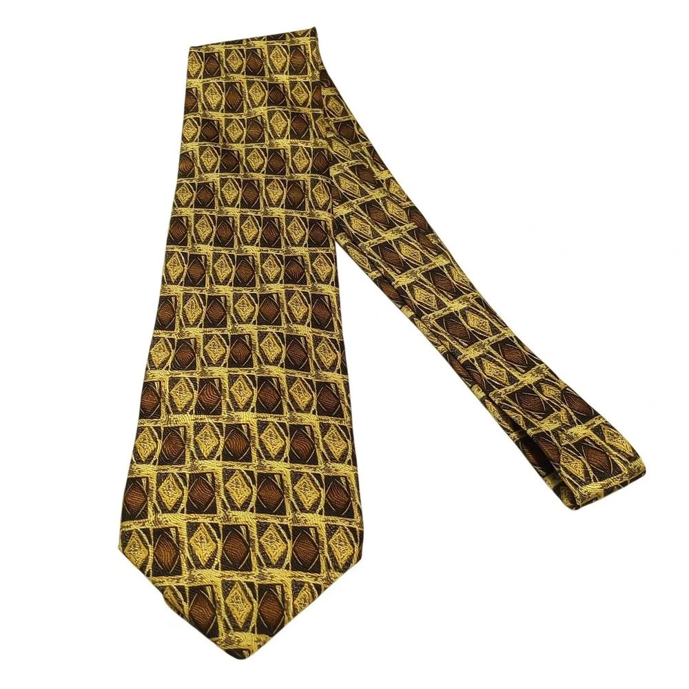 Martin Wong Collection Mens Gold‎ Brown Black Geometric Diamond Pattern Necktie